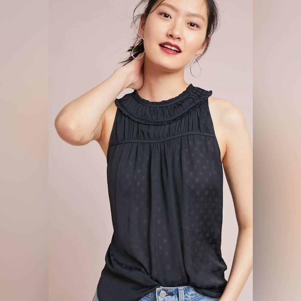 Maeve by Anthropologie Clovis Pleated Top in black with navy dots